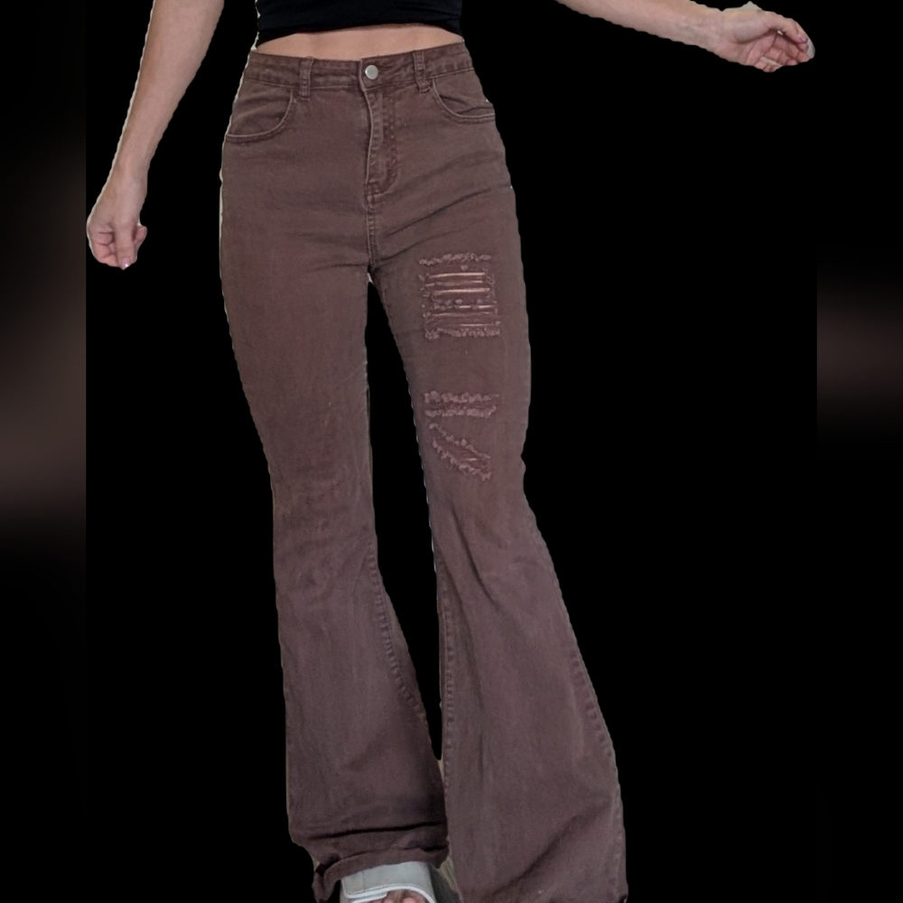 SHEIN Brown Flare Distressed Jeans